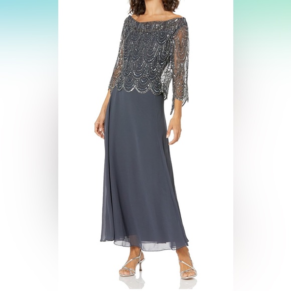 J Kara Women's Petite 3/4 Scallop Beaded Pop Over Gown Size 20W - Picture 1 of 10